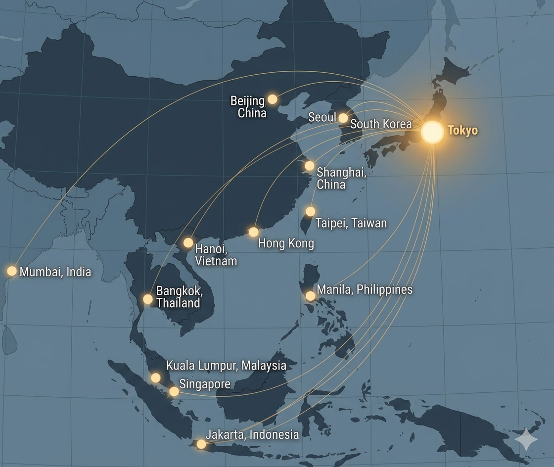 Map of East and Southeast Asia showing Tokyo connected to Seoul, Taipei, Manila, Bangkok, Singapore, Kuala Lumpur and Hanoi
